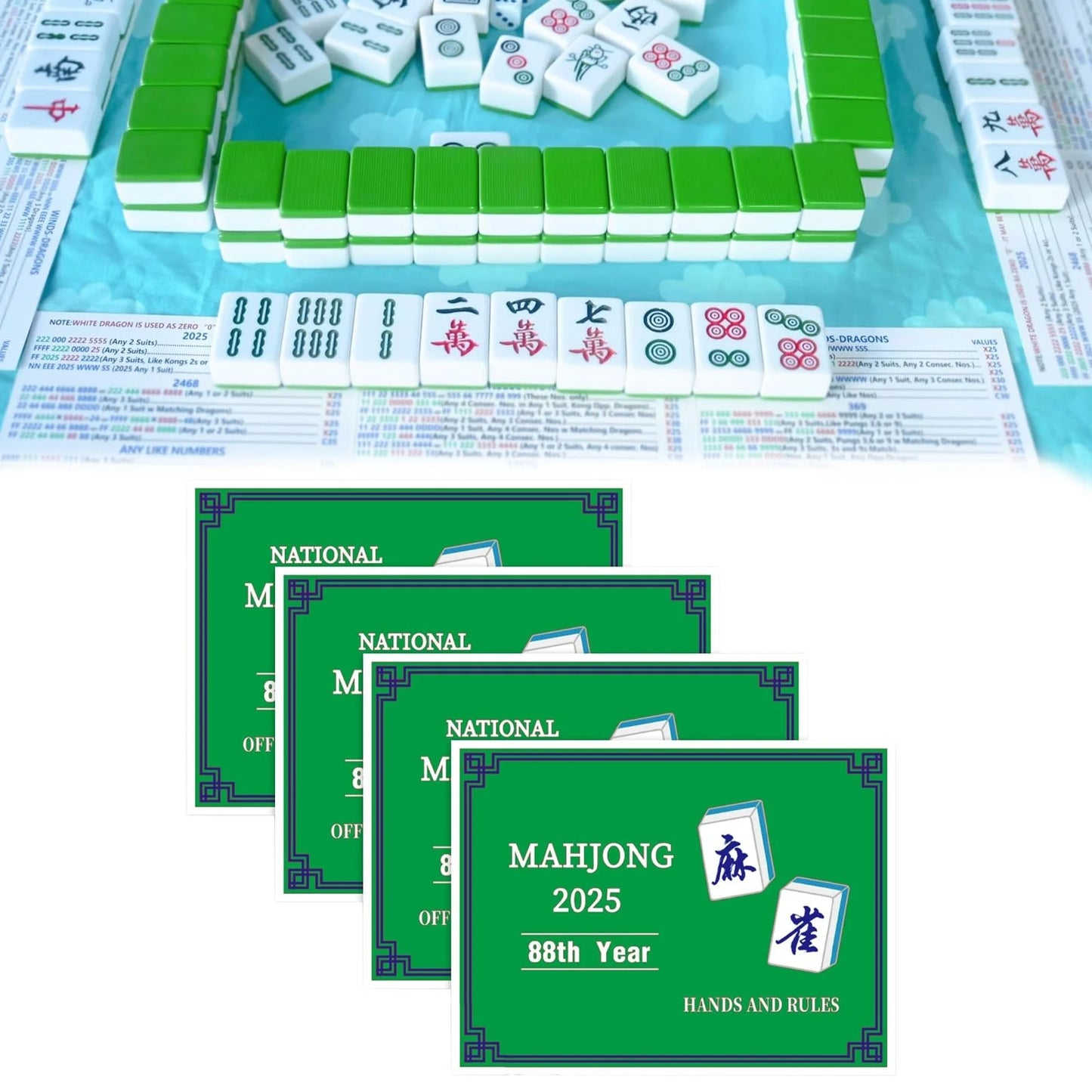 2025 Official Mahjong Cards (4PCS) – Standard Green Scorecards with Large Print Rules