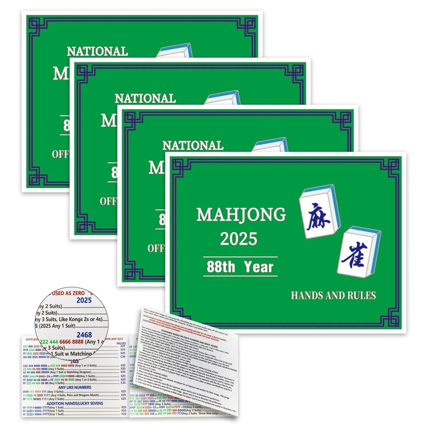 2025 Official Mahjong Cards (4PCS) – Standard Green Scorecards with Large Print Rules