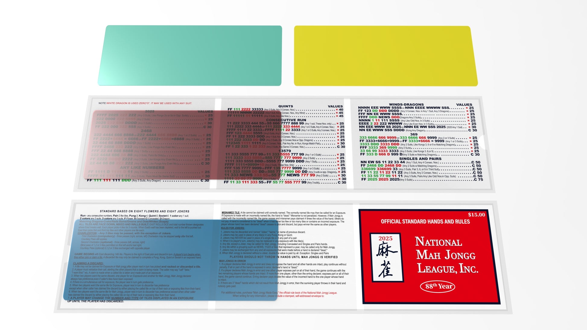 2025 Updated Mahjong Card Set with Protector Covers & Colorful Line Guide (4pcs, 6.1 X 4.7 Inch)