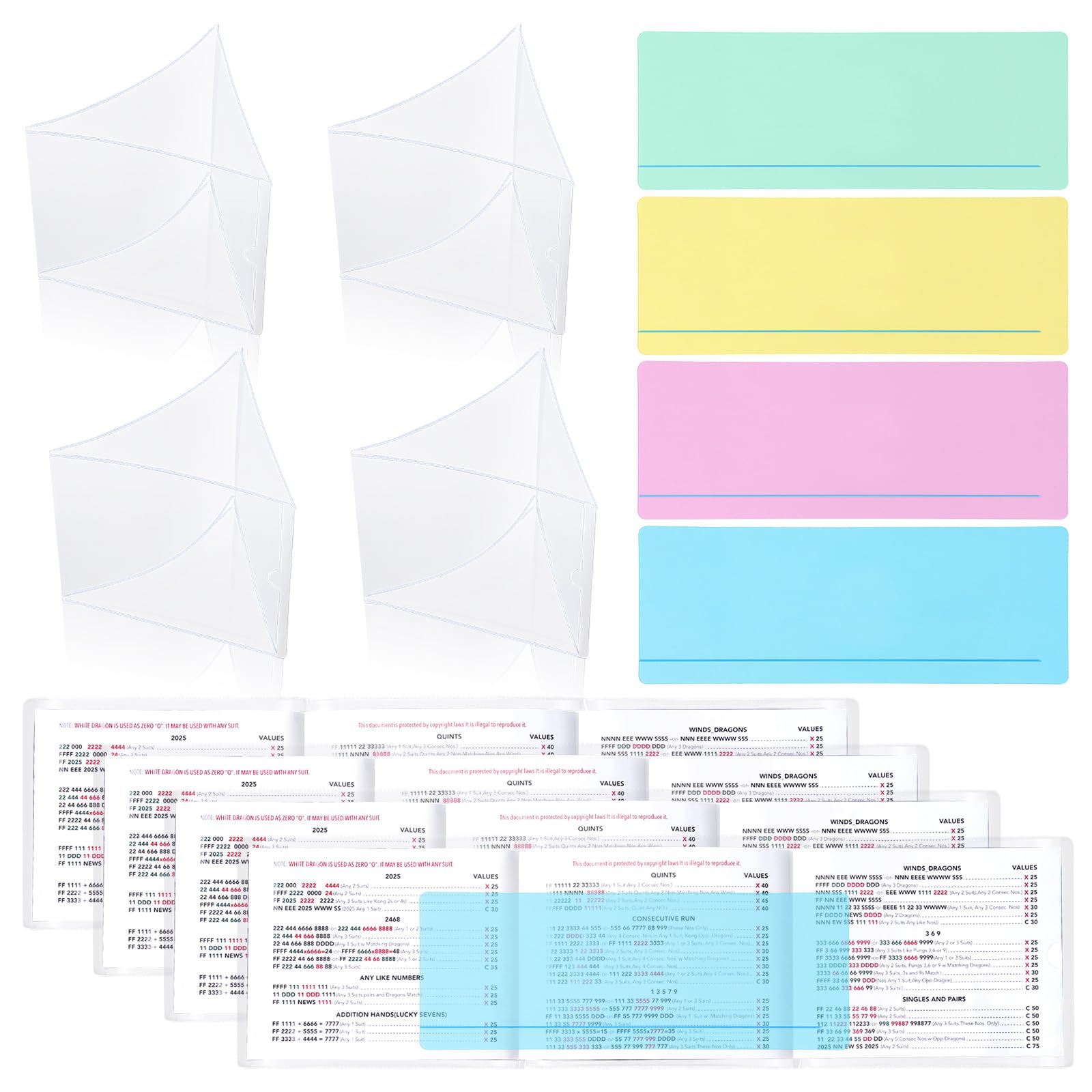 2025 Updated Mahjong Card Set with Protector Covers & Colorful Line Guide (4pcs, 6.1 X 4.7 Inch)