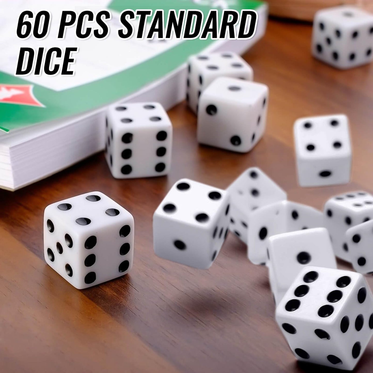 60 Pieces Standard Dice, 16mm Bulk White Opaque Black Pips Six Sided Dice Set, for Rolling, Group Event, Board Games, Classroom Math