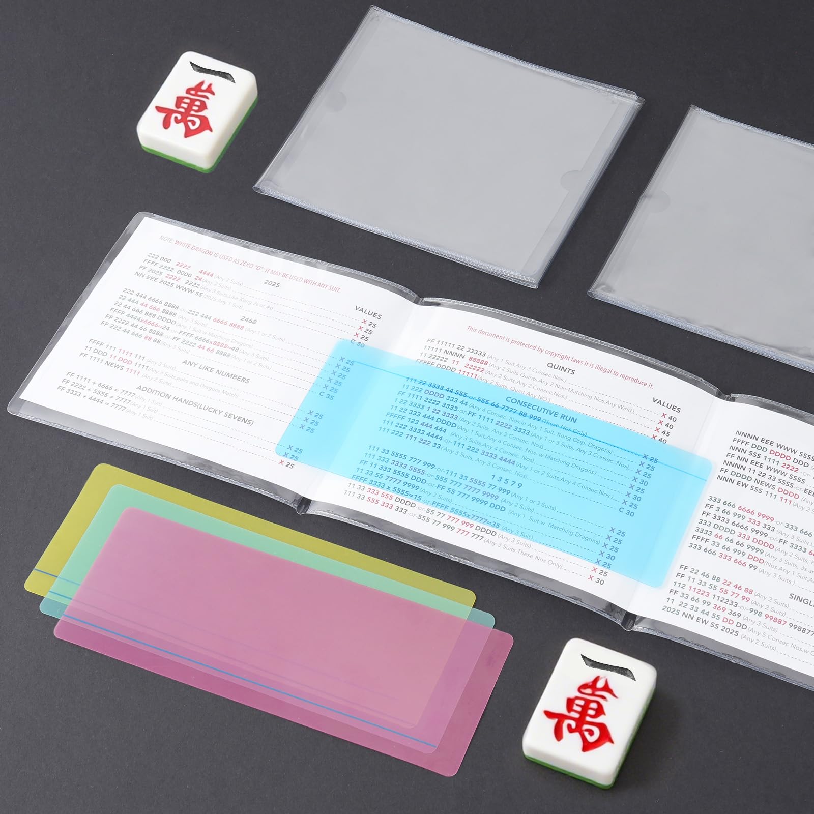 2025 Updated Mahjong Card Set with Protector Covers & Colorful Line Guide (4pcs, 6.1 X 4.7 Inch)