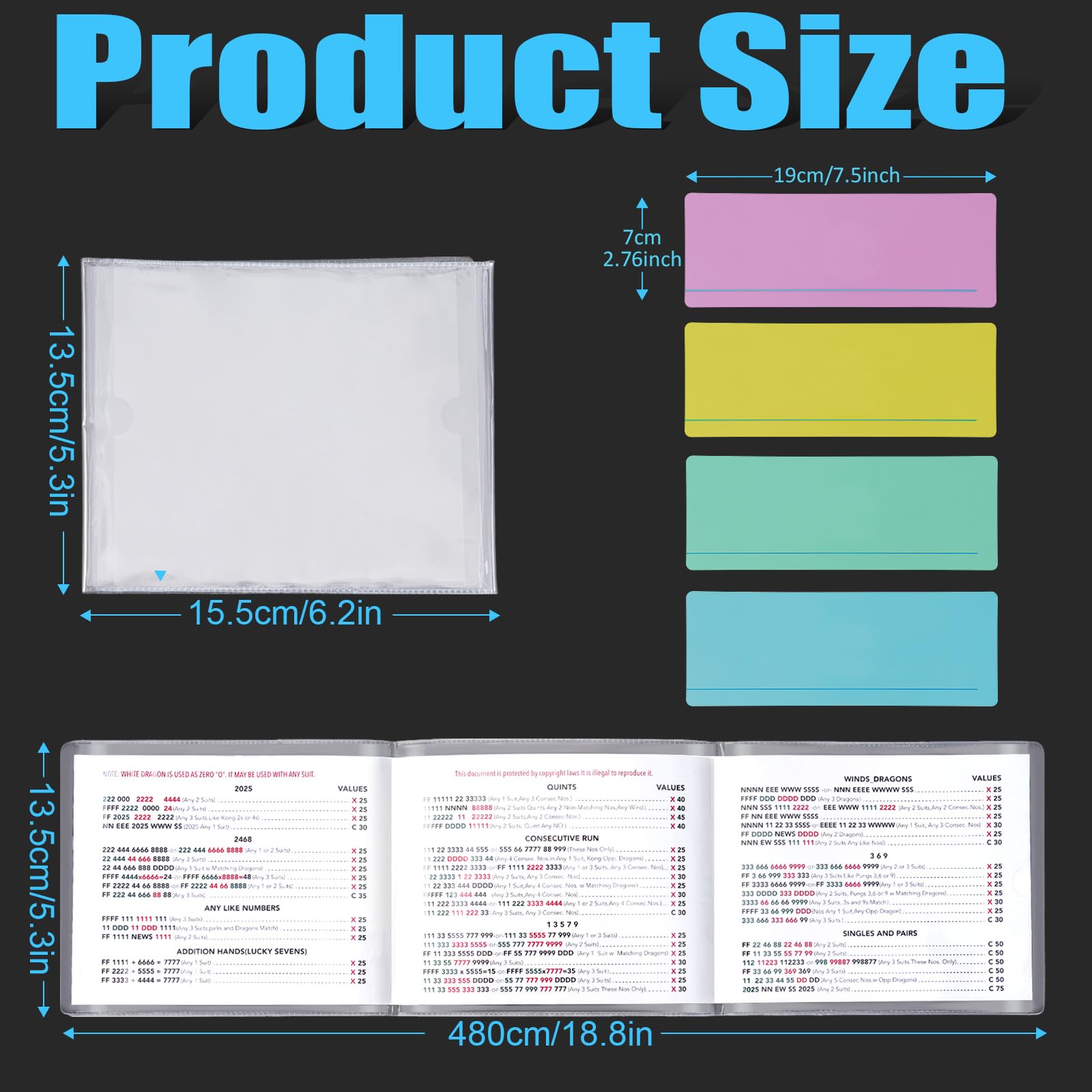 2025 Updated Mahjong Card Set with Protector Covers & Colorful Line Guide (4pcs, 6.1 X 4.7 Inch)