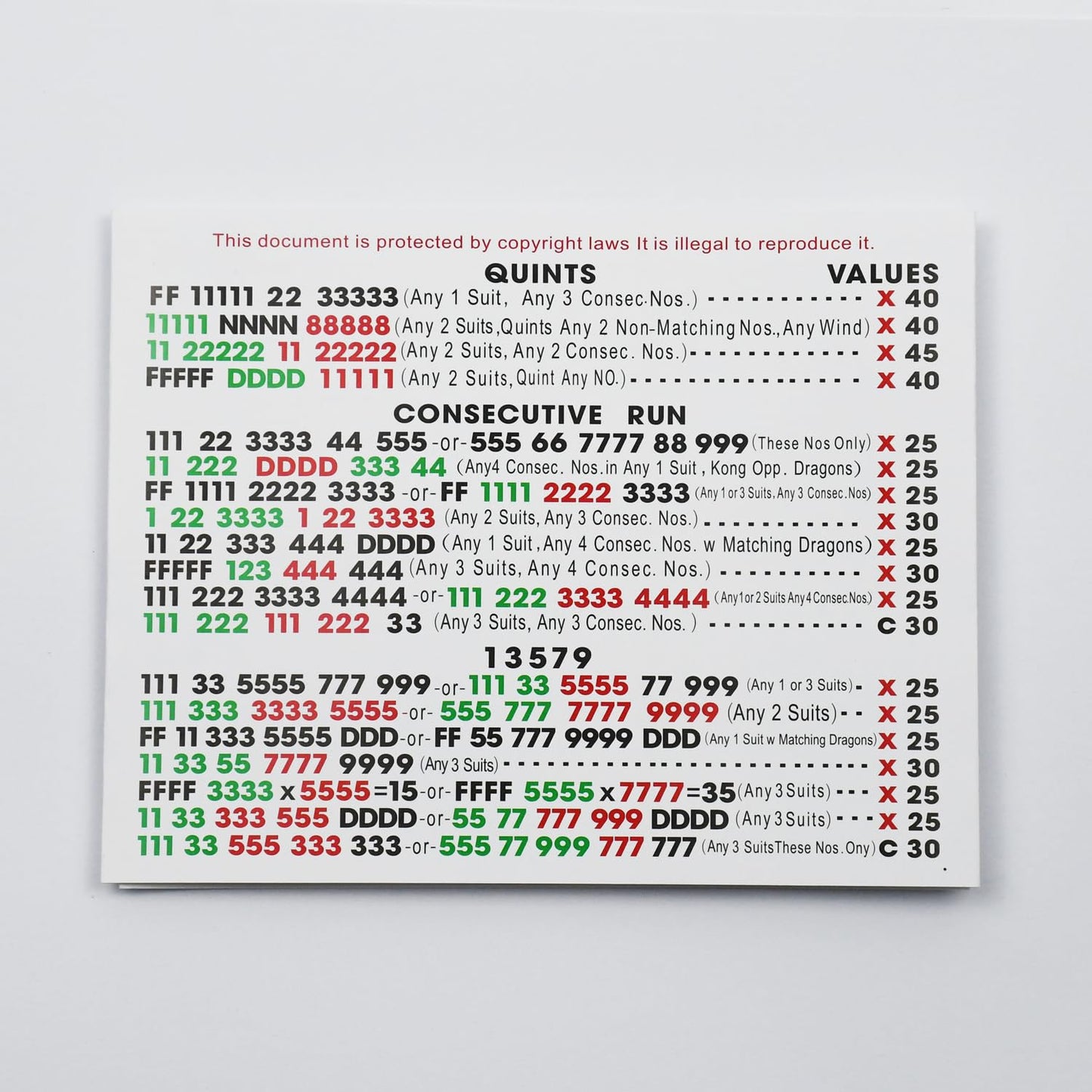 2025 Official Mahjong Cards (4PCS) – Standard Green Scorecards with Large Print Rules
