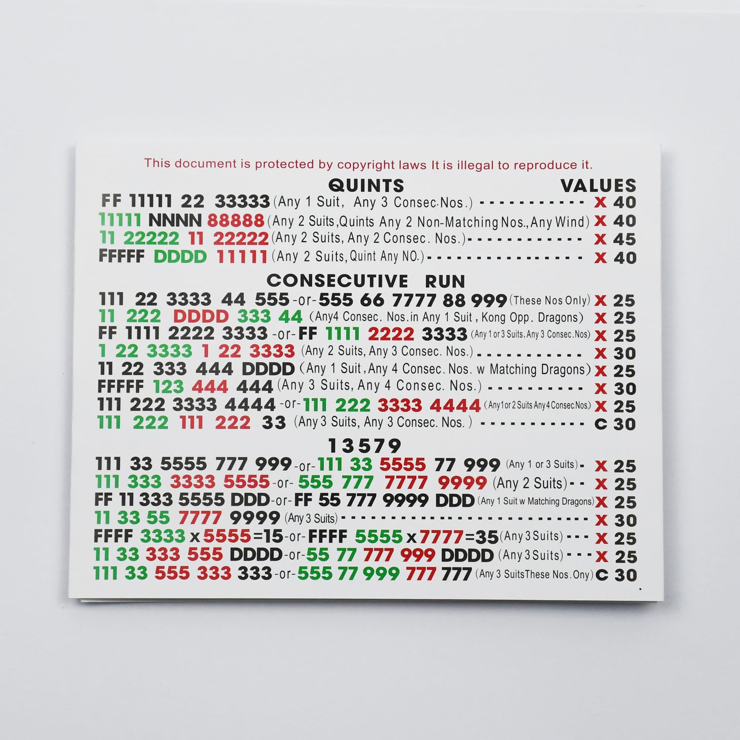 2025 Official Mahjong Cards (4PCS) – Standard Green Scorecards with Large Print Rules
